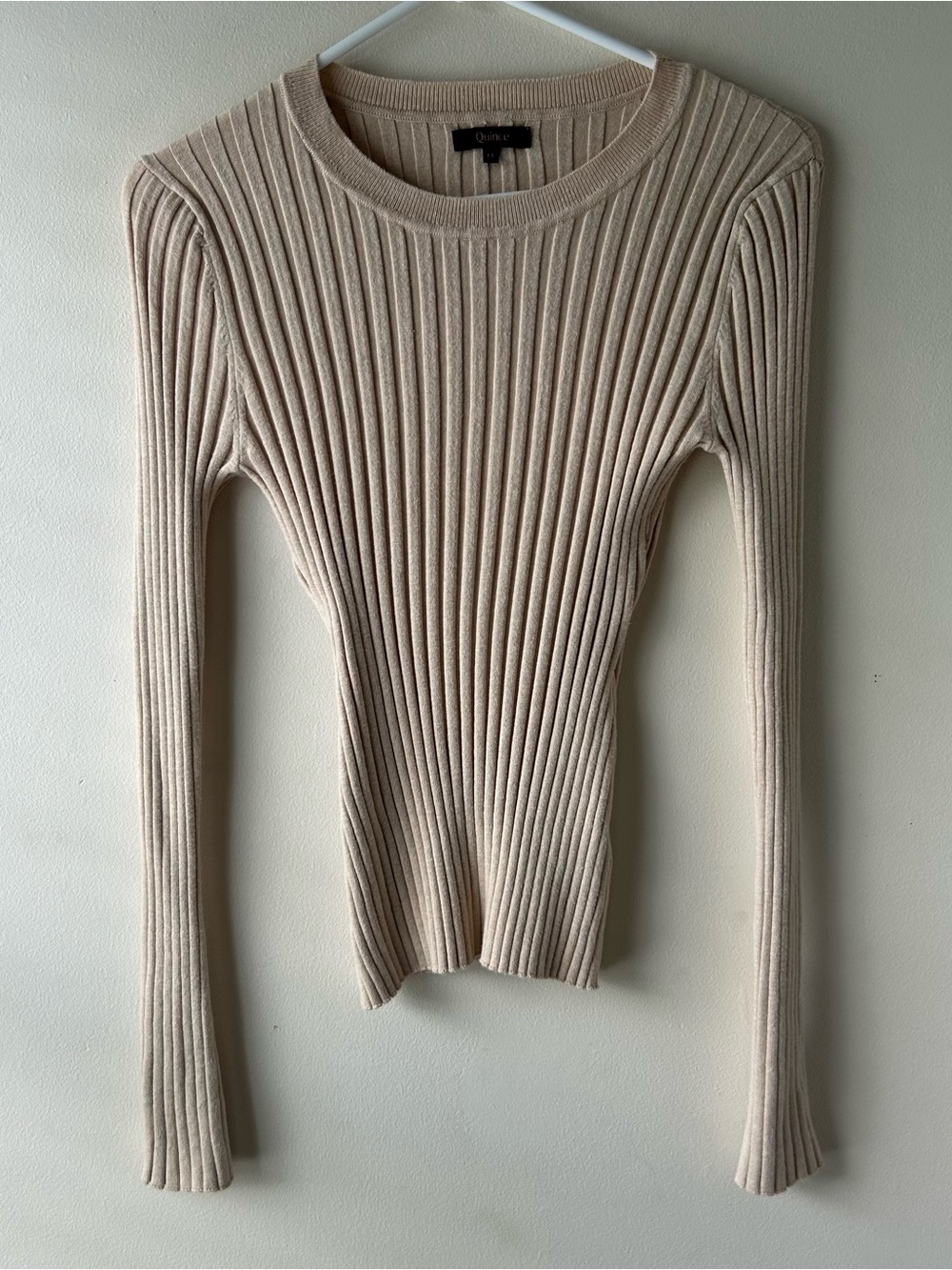 Quince Cotton Cashmere Ribbed Long Sleeve Sweater Heather Oatmeal M - Picture 3 of 7